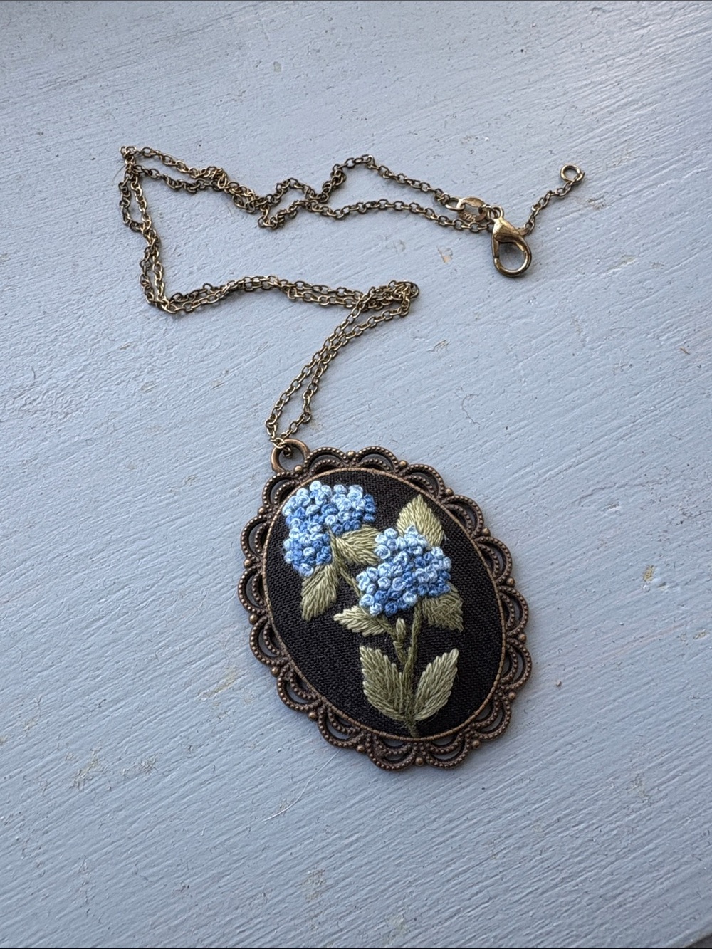 Hand Embroidered Blue Hydrangea Pendant Necklace - Antique Gold Tone